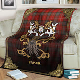 Fraser (of Lovat) Weathered Tartan Crest Premium Blanket - Celtic Stag style